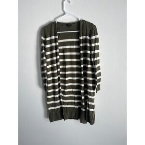 Talbots Cardigan Sweater Women Petite Small Olive Green White Striped Open Front